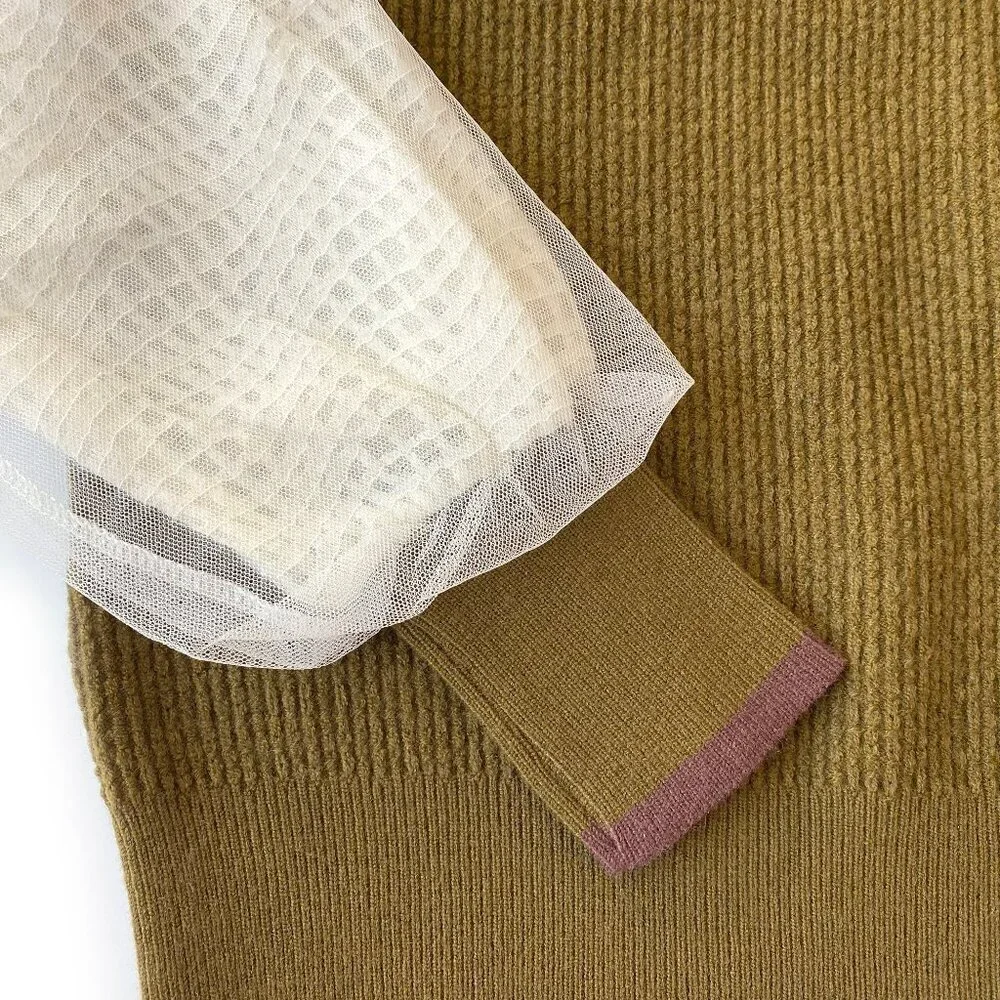 Olive Green Wool Blend Sweater White Mesh Balloon Sleeve S